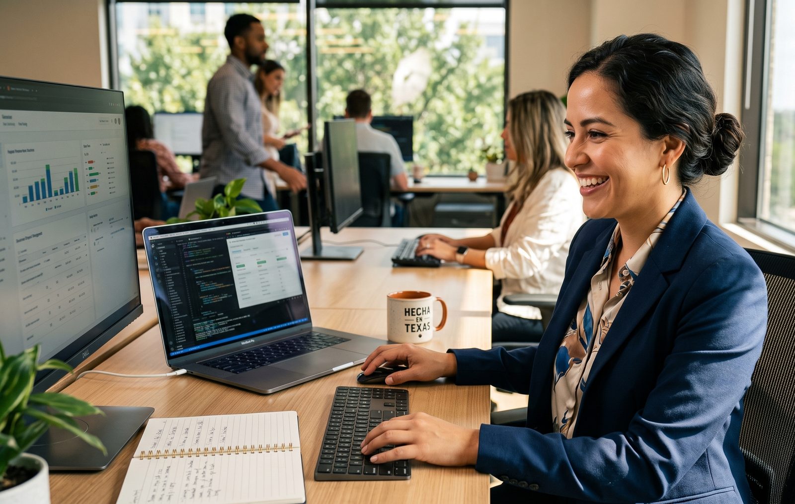 A professional reviewing business data on a laptop and desktop monitor in a bright office
